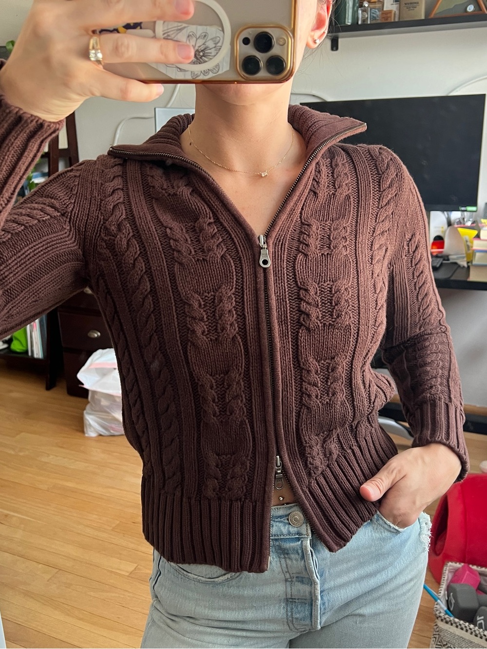 Vintage Double Zip Up Cable Knit Sweater